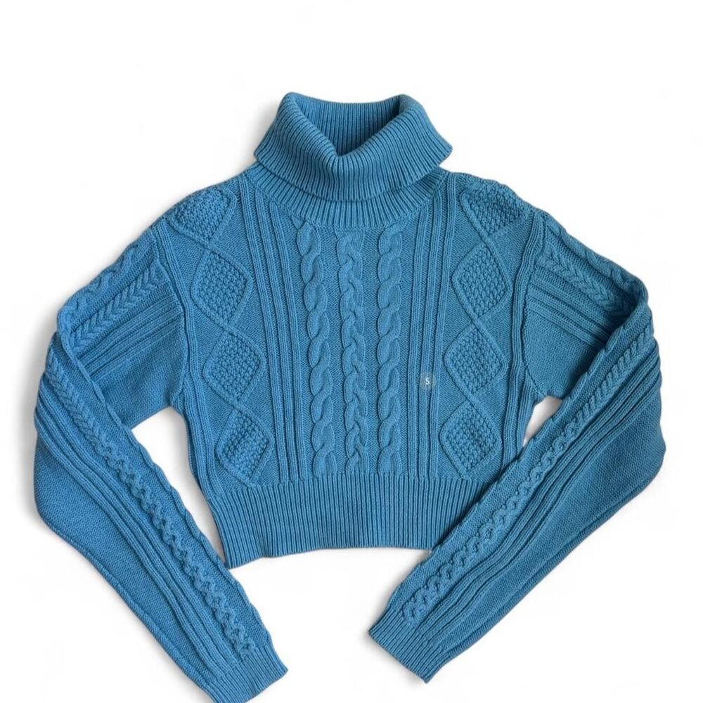 Blue Cable Knit Cropped Turtleneck Sweater